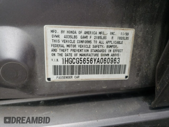 2000 Honda Accord EX z VIN 1HGCG5656YA060963, wystawiony jako Copart lot #54715235 z przebiegiem 266 918 mil mil oraz Szkoda całkowita • Salvage title. Historia ofert i sprzedaży dostępna na DreamBid. Obrazek 12.