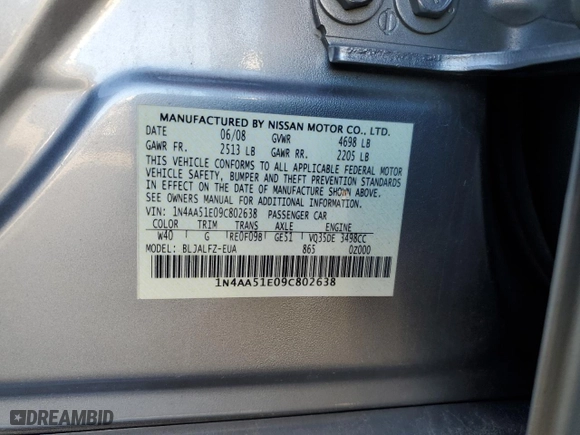 2009 Nissan Maxima 3.5 S with VIN 1N4AA51E09C802638, listed as a Copart auction lot 47180085 with 148,262 mi miles and Salvage Title. Bid and sale history available at carsss.com. Image 12.