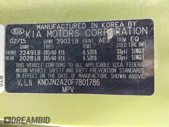 2015 Kia Soul with VIN KNDJN2A20F7801786, listed as a IAAI auction lot 41934766 with 85,251 mi miles. Bid and sale history available at carsss.com. Image 9.