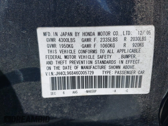 2006 Acura TSX with VIN JH4CL96846C005729, listed as a IAAI auction lot 42108665 with 163,190 mi miles. Bid and sale history available at carsss.com. Image 9.