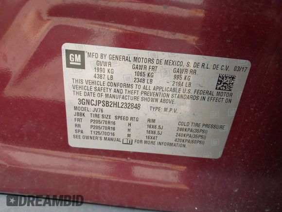 2017 Chevrolet Trax LT z VIN 3GNCJPSB2HL232848, wystawiony jako IAAI lot #42181512 z przebiegiem 28 597 mil mil oraz . Historia ofert i sprzedaży dostępna na DreamBid. Obrazek 9.