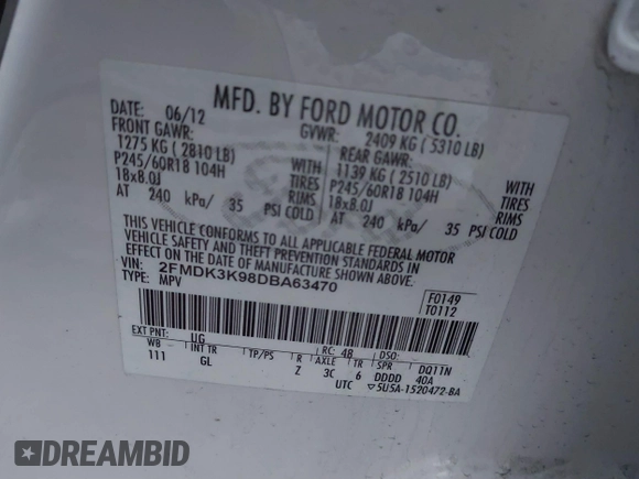 2013 Ford Edge Limited with VIN 2FMDK3K98DBA63470, listed as a IAAI auction lot 41286324 with 155,485 mi miles. Bid and sale history available at carsss.com. Image 9.