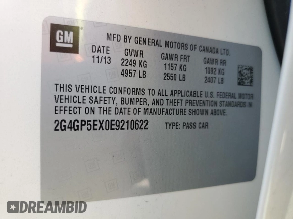 2014 Buick Regal Premium I with VIN 2G4GP5EX0E9210622, listed as a Copart auction lot 56406675 with 72,066 mi miles and Clean title. Bid and sale history available at DreamBid. Image 12.