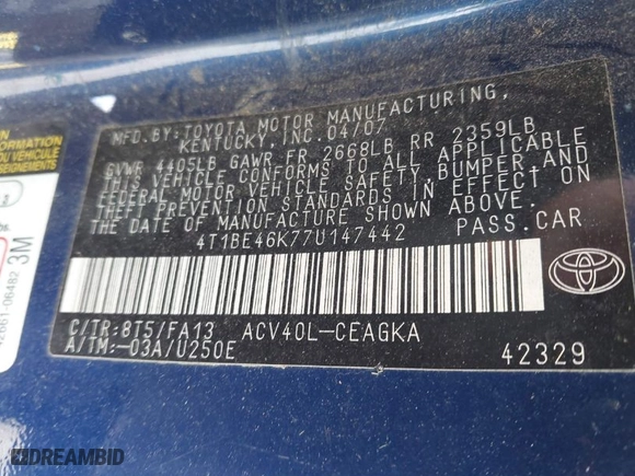 2007 Toyota Camry CE with VIN 4T1BE46K77U147442, listed as a IAAI auction lot 42058750 with 1 mi miles. Bid and sale history available at carsss.com. Image 9.