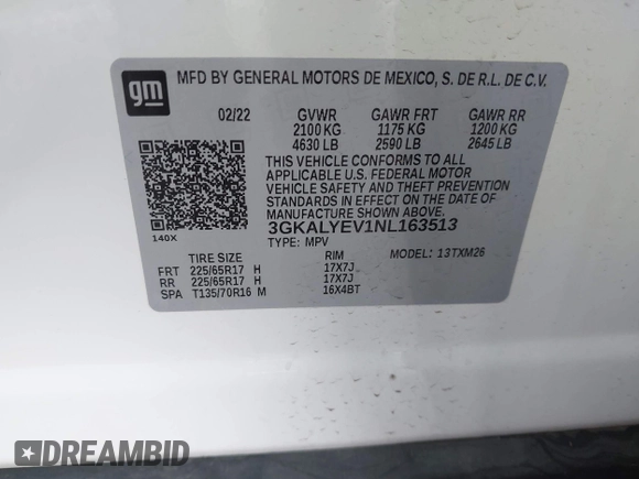 2022 GMC Terrain AT4 with VIN 3GKALYEV1NL163513, listed as a IAAI auction lot 42034936 with 57,935 mi miles and . Bid and sale history available at DreamBid. Image 9.