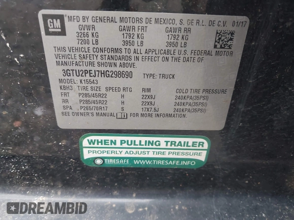 2017 GMC Sierra 1500 Denali with VIN 3GTU2PEJ7HG298690, listed as a IAAI auction lot 40783931 with Not Provided miles and . Bid and sale history available at DreamBid. Image 9.