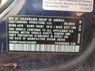 2014 Volkswagen Passat SE with VIN 1VWBP7A34EC003699, listed as a Copart auction lot 49218125 with 107,916 mi miles and Salvage Title. Bid and sale history available at carsss.com. Image 12.