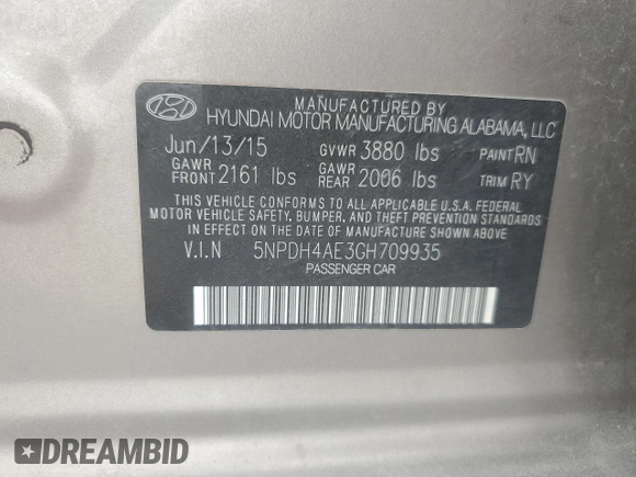 2016 Hyundai Elantra SE with VIN 5NPDH4AE3GH709935, listed as a Copart auction lot 60937225 with 158,158 mi miles and Clean title. Bid and sale history available at DreamBid. Image 12.