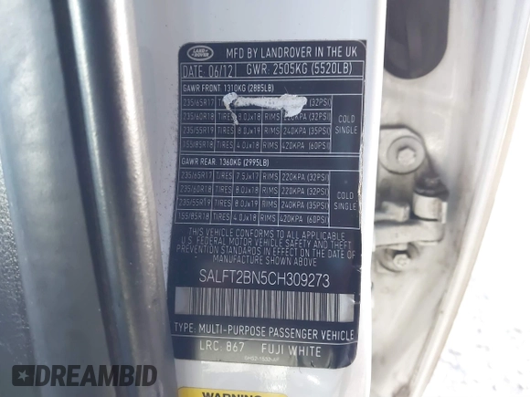2012 Land Rover LR2 HSE with VIN SALFT2BN5CH309273, listed as a IAAI auction lot 41298254 with 222,102 mi miles and . Bid and sale history available at DreamBid. Image 9.