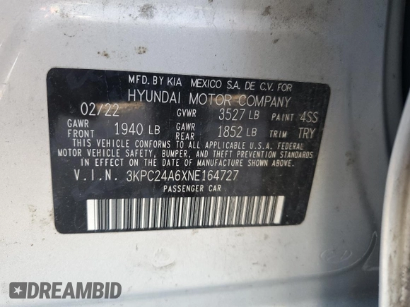 2022 Hyundai Accent SE с VIN 3KPC24A6XNE164727, выставлен на аукционе Copart как лот 83831284 с пробегом 65 175 миль миль и Списание • Salvage title. История ставок и продаж доступна на DreamBid. Изображение 13.