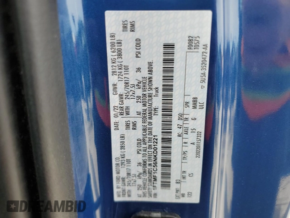 2022 Ford F-150 XL z VIN 1FTMF1C56NKD01221, wystawiony jako Copart lot #69941234 z przebiegiem 14 767 mil mil oraz Szkoda całkowita • Salvage title. Historia ofert i sprzedaży dostępna na DreamBid. Obrazek 12.
