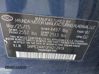 2015 Hyundai Sonata SE with VIN 5NPE24AF0FH212919, listed as a IAAI auction lot 42149682 with 141,987 mi miles and . Bid and sale history available at DreamBid. Image 9.