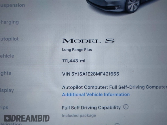 2021 Tesla Model S Long Range Plus with VIN 5YJSA1E28MF421655, listed as a IAAI auction lot 42407234 with 111,443 mi miles and . Bid and sale history available at DreamBid. Image 15.