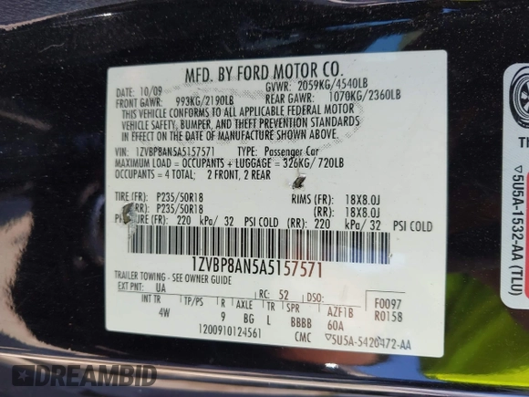 2010 Ford Mustang V6 с VIN 1ZVBP8AN5A5157571, выставлен на аукционе IAAI как лот 42153145 с пробегом 116 493 миль миль и . История ставок и продаж доступна на DreamBid. Изображение 9.