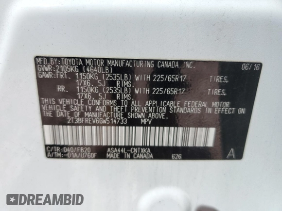 2016 Toyota RAV4 LE with VIN 2T3BFREV6GW514733, listed as a Copart auction lot 46297905 with 154,076 mi miles and Salvage Title. Bid and sale history available at carsss.com. Image 13.
