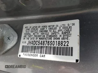 2006 Acura RSX with VIN JH4DC54876S018822, listed as a IAAI auction lot 42428810 with Not provided miles and . Bid and sale history available at DreamBid. Image 9.