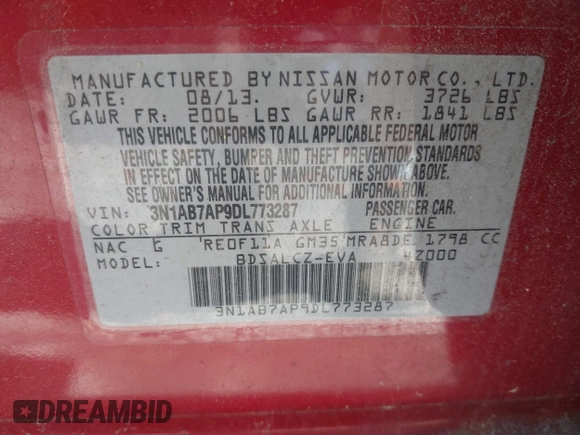 2013 Nissan Sentra SR with VIN 3N1AB7AP9DL773287, listed as a IAAI auction lot 42212217 with 103,961 mi miles and . Bid and sale history available at DreamBid. Image 9.