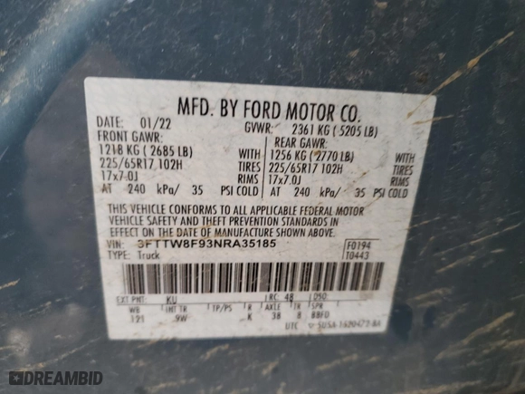 2022 Ford Maverick XL with VIN 3FTTW8F93NRA35185, listed as a Copart auction lot 48127475 with 95875 miles and Salvage Title. Bid and sale history available at carsss.com. Image 12.