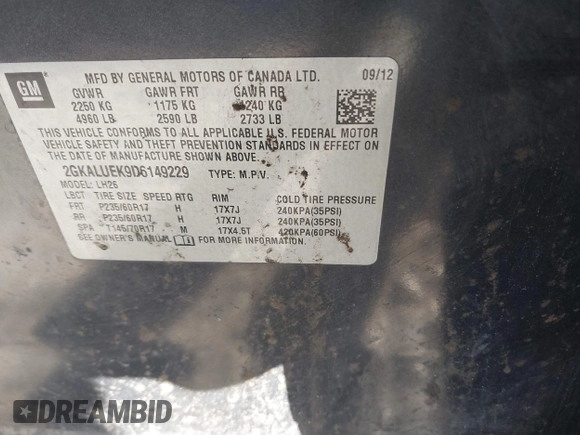 2013 GMC Terrain SLT with VIN 2GKALUEK9D6149229, listed as a IAAI auction lot 41650378 with 108,769 mi miles and . Bid and sale history available at carsss.com. Image 9.
