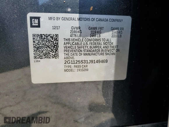 2018 Chevrolet Impala Premier with VIN 2G1125S31J9149469, listed as a Copart auction lot 59210005 with Not provided miles and Salvage title. Bid and sale history available at DreamBid. Image 13.