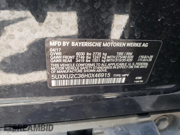 2017 BMW X6 xDrive35i with VIN 5UXKU2C36H0X46915, listed as a Copart auction lot 58133953 with 92,033 mi miles. Bid and sale history available at carsss.com. Image 13.