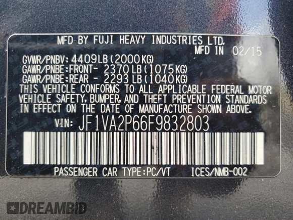 2015 Subaru WRX STI with VIN JF1VA2P66F9832803, listed as a Copart auction lot 63178685 with 87,367 mi miles and Salvage title. Bid and sale history available at DreamBid. Image 13.