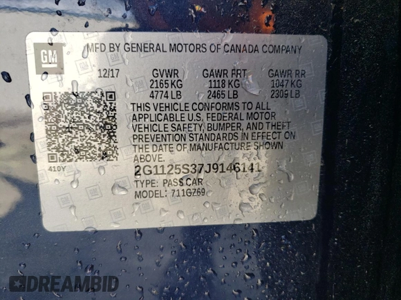 2018 Chevrolet Impala Premier with VIN 2G1125S37J9146141, listed as a Copart auction lot 48738635 with 108,377 mi miles and Salvage Title. Bid and sale history available at DreamBid. Image 13.
