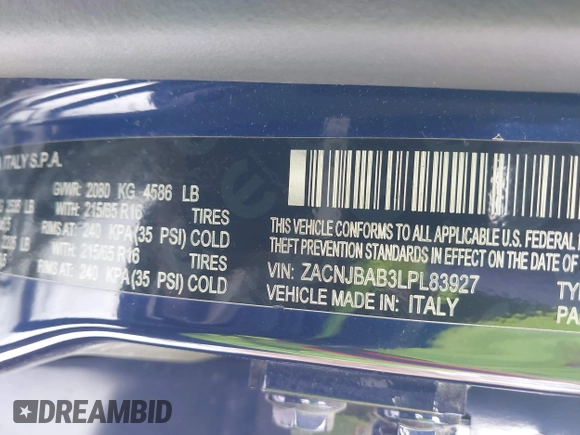 2020 Jeep Renegade Sport with VIN ZACNJBAB3LPL83927, listed as a IAAI auction lot 41612868 with 60,148 mi miles and . Bid and sale history available at DreamBid. Image 9.