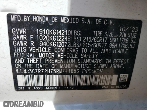 2024 Honda HR-V EX-L with VIN 3CZRZ2H75RM741856, listed as a Copart auction lot 56608415 with 6,141 mi miles and Salvage title. Bid and sale history available at DreamBid. Image 13.