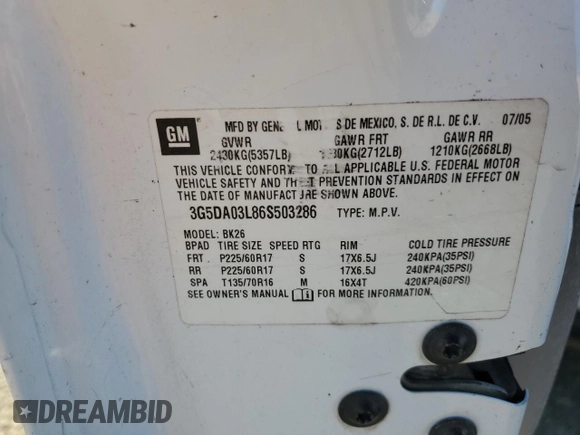 2006 Buick Rendezvous with VIN 3G5DA03L86S503286, listed as a Copart auction lot 49273755 with Not Provided miles and Salvage Title. Bid and sale history available at DreamBid. Image 13.