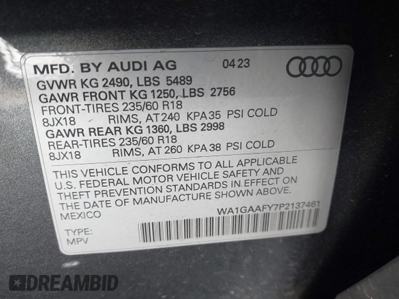 2023 Audi Q5 S line Premium with VIN WA1GAAFY7P2137461, listed as a IAAI auction lot 41621439 with 21,100 mi miles. Bid and sale history available at carsss.com. Image 9.