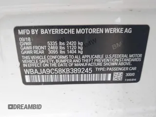 2019 BMW 5 Series 530e with VIN WBAJA9C58KB389245, listed as a IAAI auction lot 42111193 with 88,383 mi miles and . Bid and sale history available at DreamBid. Image 9.