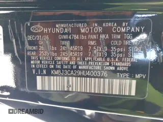 2017 Hyundai Tucson Sport with VIN KM8J3CA29HU400376, listed as a IAAI auction lot 42051949 with 82,717 mi miles and . Bid and sale history available at DreamBid. Image 9.