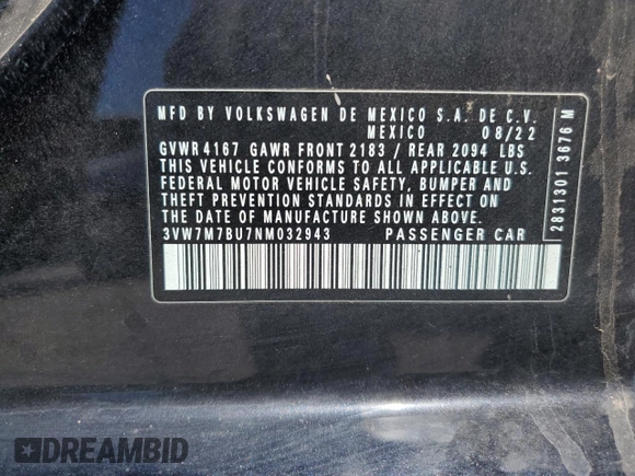 2022 Volkswagen Jetta SE z VIN 3VW7M7BU7NM032943, wystawiony jako Copart lot #54368325 z przebiegiem 32 106 mil mil oraz Szkoda całkowita • Salvage title. Historia ofert i sprzedaży dostępna na DreamBid. Obrazek 12.