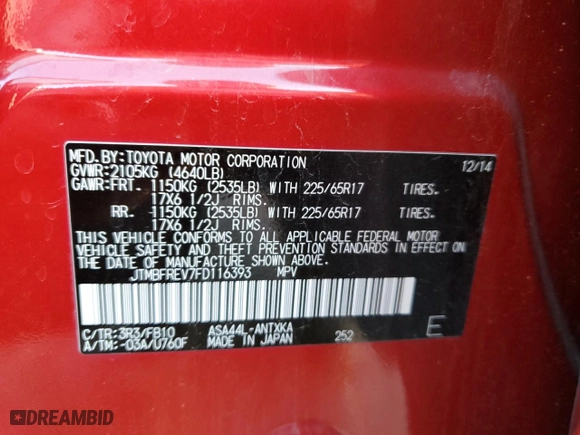 2015 Toyota RAV4 LE with VIN JTMBFREV7FD116393, listed as a Copart auction lot 46189755 with 77,065 mi miles and Salvage Title. Bid and sale history available at carsss.com. Image 12.