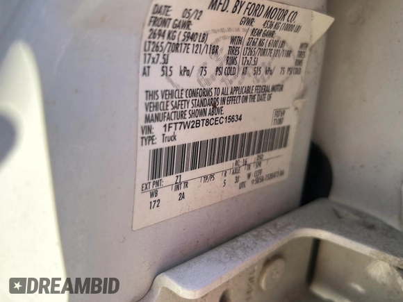 2012 Ford F-250 XL with VIN 1FT7W2BT8CEC15634, listed as a Copart auction lot 57712735 with 239,003 mi miles and Clean title. Bid and sale history available at DreamBid. Image 10.
