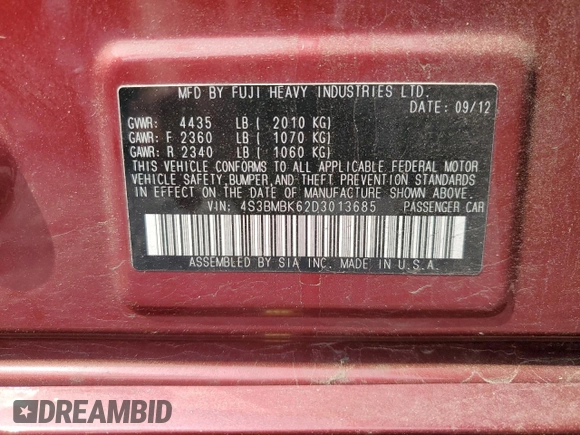 2013 Subaru Legacy Limited with VIN 4S3BMBK62D3013685, listed as a Copart auction lot 58833345 with 107,348 mi miles and Clean title. Bid and sale history available at DreamBid. Image 12.