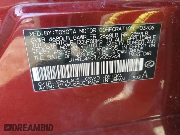2007 Lexus ES 350 with VIN JTHBJ46G472005264, listed as a Copart auction lot 51128015 with 216,646 mi miles and Salvage Title. Bid and sale history available at carsss.com. Image 12.