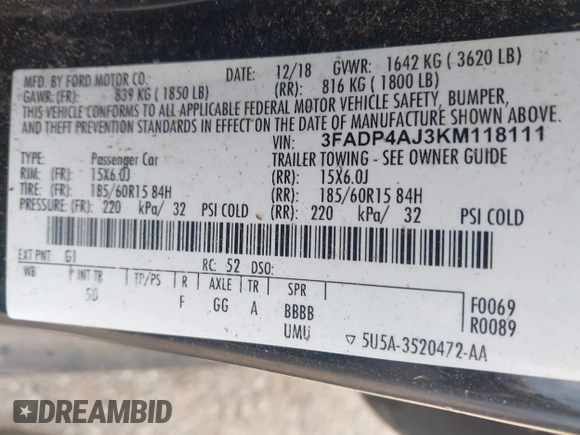 2019 Ford Fiesta S with VIN 3FADP4AJ3KM118111, listed as a IAAI auction lot 42770672 with Not provided miles and . Bid and sale history available at DreamBid. Image 9.
