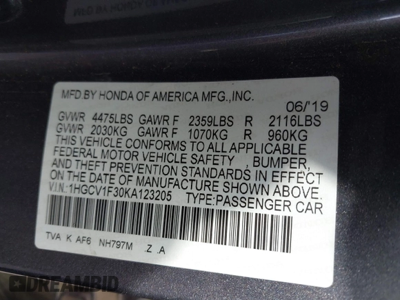 2019 Honda Accord Sport with VIN 1HGCV1F30KA123205, listed as a IAAI auction lot 41674180 with 62,382 mi miles and . Bid and sale history available at DreamBid. Image 9.