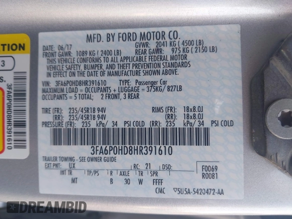 2017 Ford Fusion SE with VIN 3FA6P0HD8HR391610, listed as a IAAI auction lot 41903010 with 74,376 mi miles and . Bid and sale history available at DreamBid. Image 9.