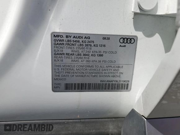 2020 Audi Q5 Premium with VIN WA1ANAFY9L2119029, listed as a Copart auction lot 54489685 with 64,031 mi miles and Non Repairable. Bid and sale history available at carsss.com. Image 14.
