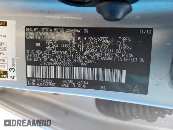 2011 Toyota 4Runner SR5 z VIN JTEZU5JR5B5021305, wystawiony jako Copart lot #55453275 z przebiegiem 194 752 mil mil oraz Szkoda całkowita • Salvage title. Historia ofert i sprzedaży dostępna na DreamBid. Obrazek 14.