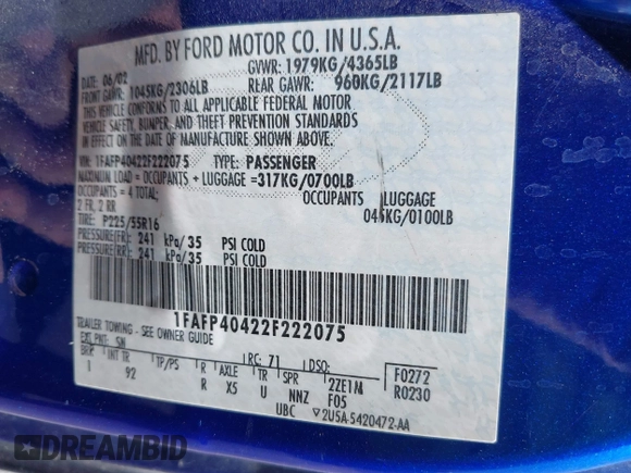 2002 Ford Mustang Standard z VIN 1FAFP40422F222075, wystawiony jako IAAI lot #42565741 z przebiegiem 139 096 mil mil oraz . Historia ofert i sprzedaży dostępna na DreamBid. Obrazek 9.