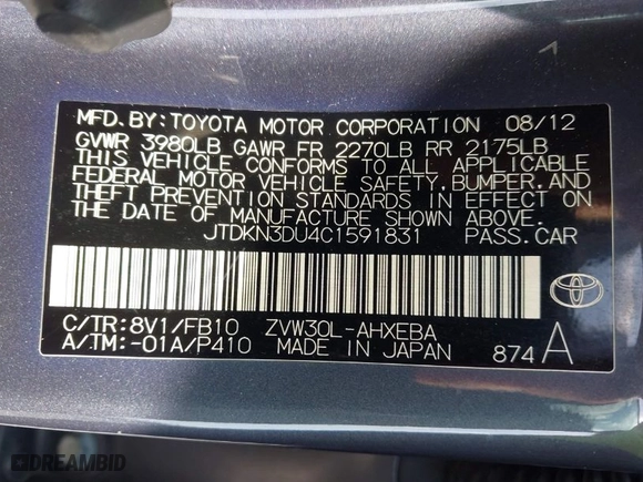 2012 Toyota Prius One with VIN JTDKN3DU4C1591831, listed as a IAAI auction lot 41918102 with 167,443 mi miles. Bid and sale history available at carsss.com. Image 9.