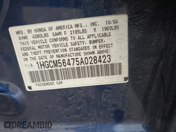 2005 Honda Accord LX z VIN 1HGCM56475A028423, wystawiony jako IAAI lot #41940782 z przebiegiem 265 543 mil mil oraz . Historia ofert i sprzedaży dostępna na DreamBid. Obrazek 9.