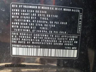 2023 Volkswagen Tiguan S with VIN 3VVRB7AX5PM092916, listed as a Copart auction lot 52083855 with 43,707 mi miles and Salvage title. Bid and sale history available at DreamBid. Image 13.