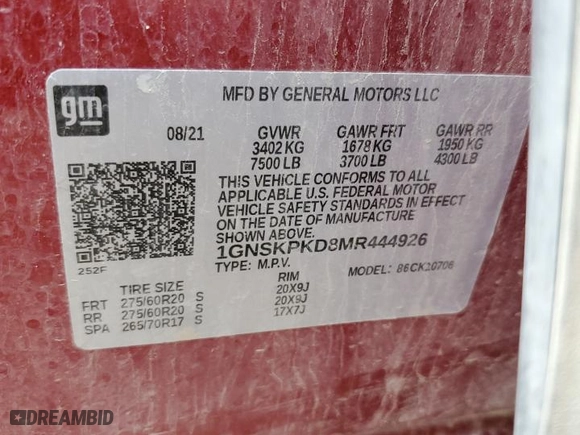 2021 Chevrolet Tahoe Z71 with VIN 1GNSKPKD8MR444926, listed as a Copart auction lot 65337704 with 0 mi miles and Salvage Title. Bid and sale history available at carsss.com. Image 13.