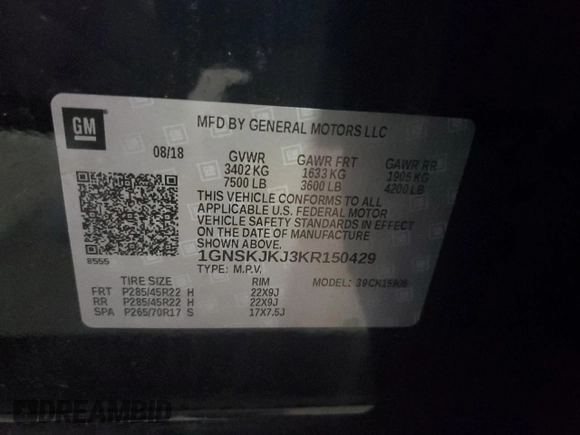 2019 Chevrolet Suburban Premier with VIN 1GNSKJKJ3KR150429, listed as a Copart auction lot 60276664 with 54,739 mi miles and Salvage Title. Bid and sale history available at DreamBid. Image 13.