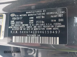 2017 Kia Optima LX with VIN 5XXGT4L39HG159497, listed as a IAAI auction lot 41940267 with 115,088 mi miles. Bid and sale history available at carsss.com. Image 9.